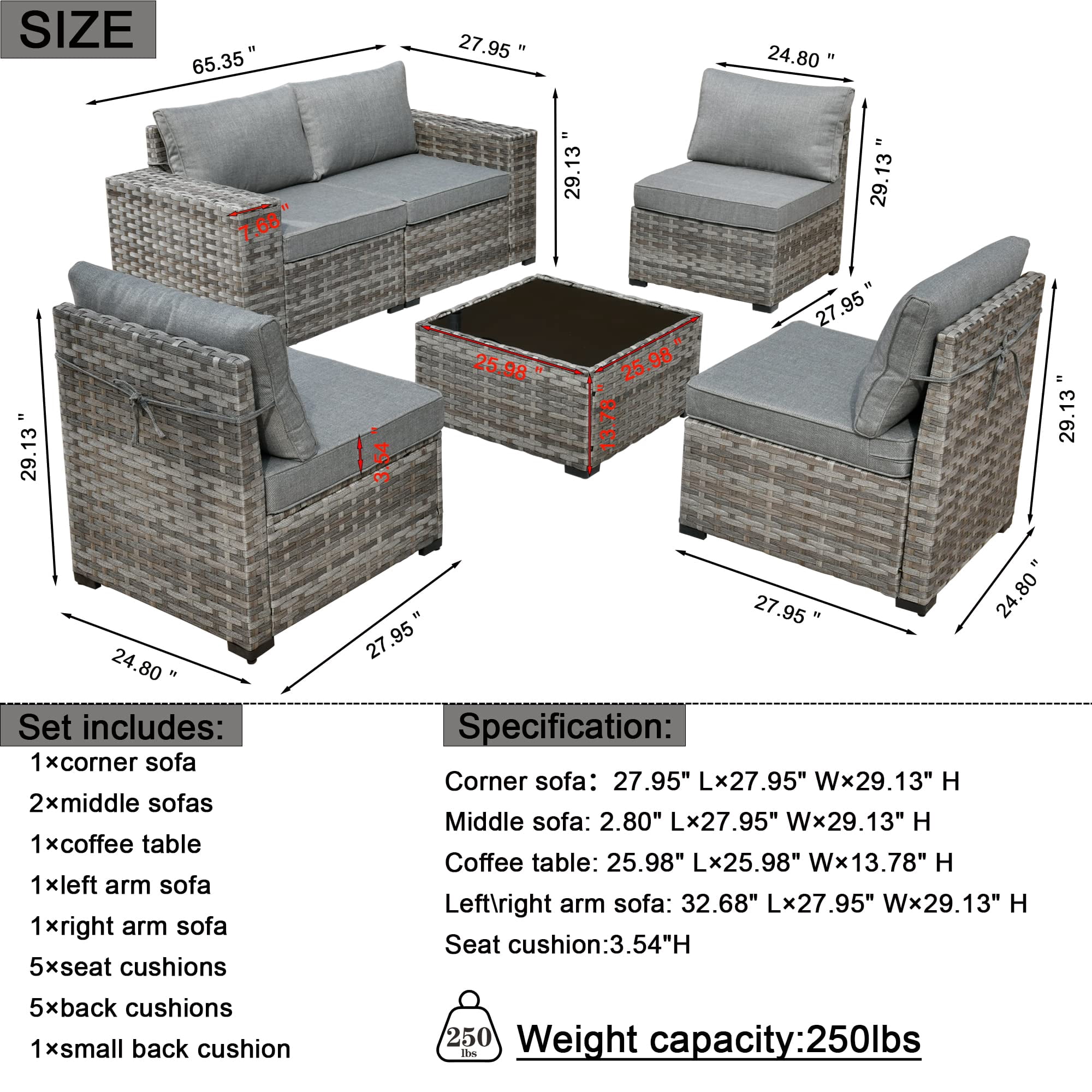 Vcatnet 6 Pieces Patio Furniture Outdoor Sectional Sofa Wicker Conversation Set with Coffee Table for Garden,Poolside,Dark gray