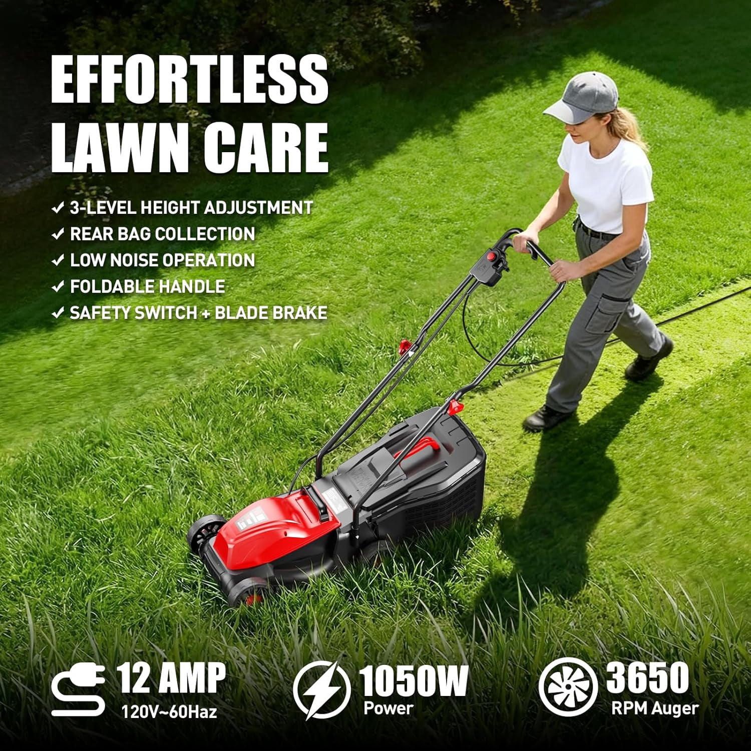Datingday 14-Inch 12AMP Electric Corded Lawn Mower, Push Button Instant Start, Lightweight Walk Behind Mower with Mulching & Bagging, Low Noise & Zero Emissions, Ideal for Small Yards