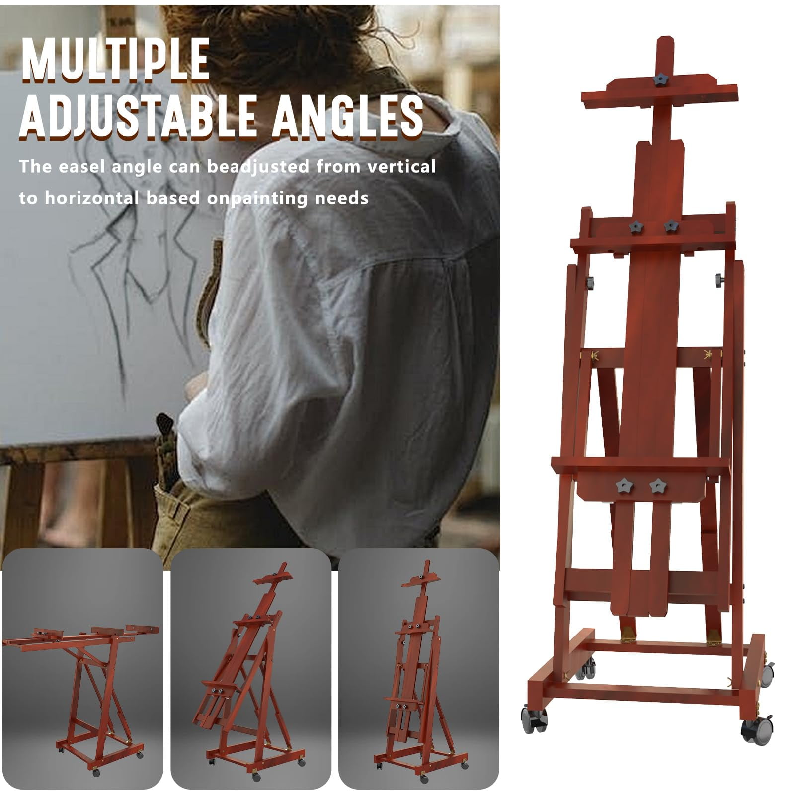 H-Frame Easel for Painting, Adjustable Art Easel Stand for Canvases(Up to 77 Inch) and Crafts, Foldable Wood Tabletop Easel Set for Adults, Reddish Brown