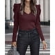 thumbnail image 3 of Suéter Otoño Invierno Cuello En V Color Puro Puff Manga Larga Moda Delgado Casual Mujer Suéter para Exterior Interior Vino Rojo XL, 3 of 6