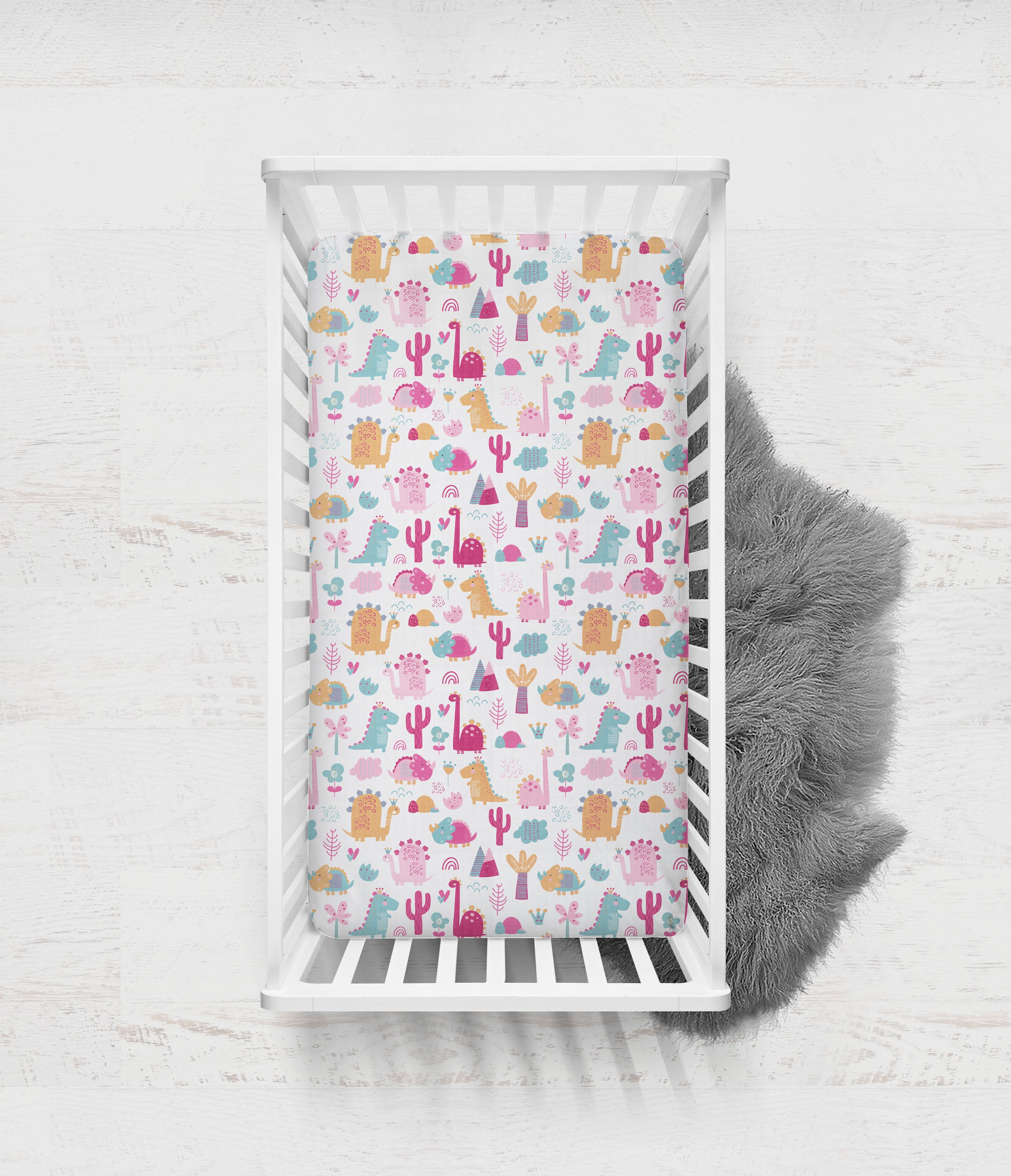 Bacati - Girls Little Dino Pink Fuchsia Orange Muslin Crib or Toddler Bed Fitted Sheet