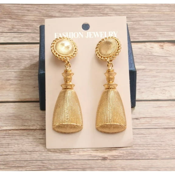 Clip on 3" long textured gold dangle tassel earrings