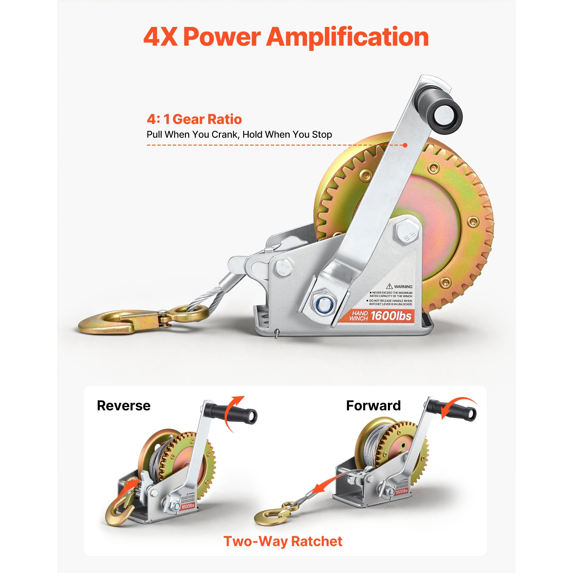 KFFKFF 1600 lbs Hand Winch, Durable Manual Crank with 32.8ft Steel Cable, Two-Way Ratchet, Non-Slip Handle, Easy-to-Install Gear for Boat Trailer and ATV Towing