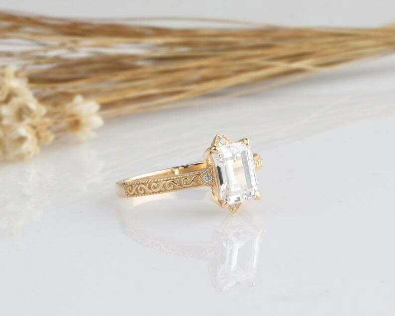 HeartsAndYou 2ct Emerald Cut Moissanite Engagement Ring for Women Milgrain Filigree 18k Yellow Gold over Silver