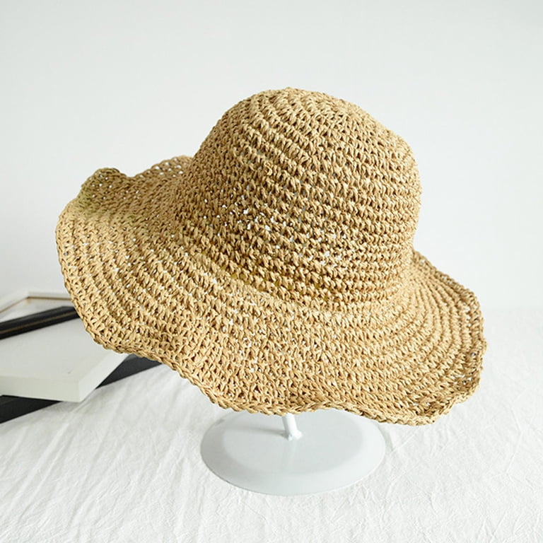 FOLDABLE WIDE BRIM HAT (Color: Khaki) Xinwanna Women Summer Solid Color Crochet Straw Hat Foldable  main image 3