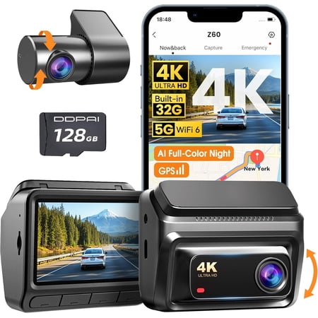 4K Dash Cam Front and Rear, Built-in 32G eMMC Dual Camera for Cars, 128GB Card Included Dashcam,GPS, Night Vision,5G WiFi, 7-Days Parking Mode, 3" IPS, ADAS, WDR, Support 512GB, Z60