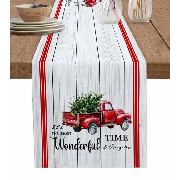 Christmas Table Runner 72 Inches, Xmas Truck Tree Snowflake Red Striped Retro Bed Runner Dresser Scarves Tabletop for Indoor Outdoor Parties/Ceremony/Banquet, 16" x 72"