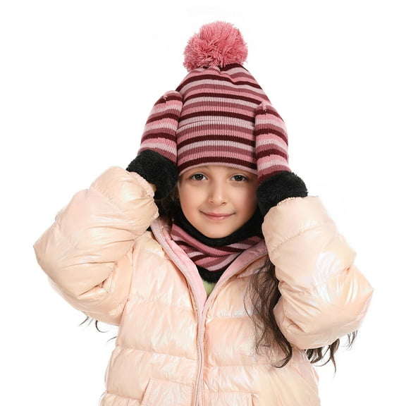 Eltusu Girls Hats Scarves Gloves Sets, Winter Striped 3 Pieces Beanies Scarves Mittens Sets Free Size Size Acrylic