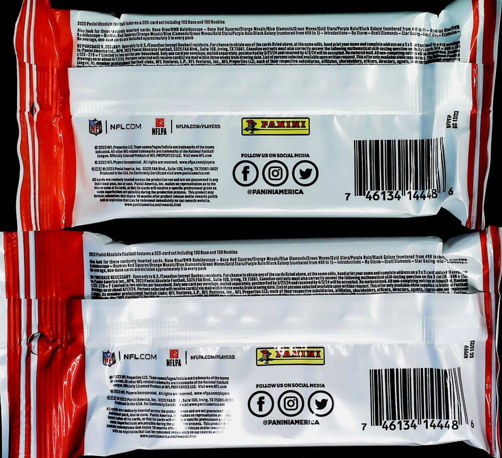2023 Panini Absolute NFL Football Factory Sealed Cello Pack Lot of Two 20 Card Packs (40 Cards in all)
