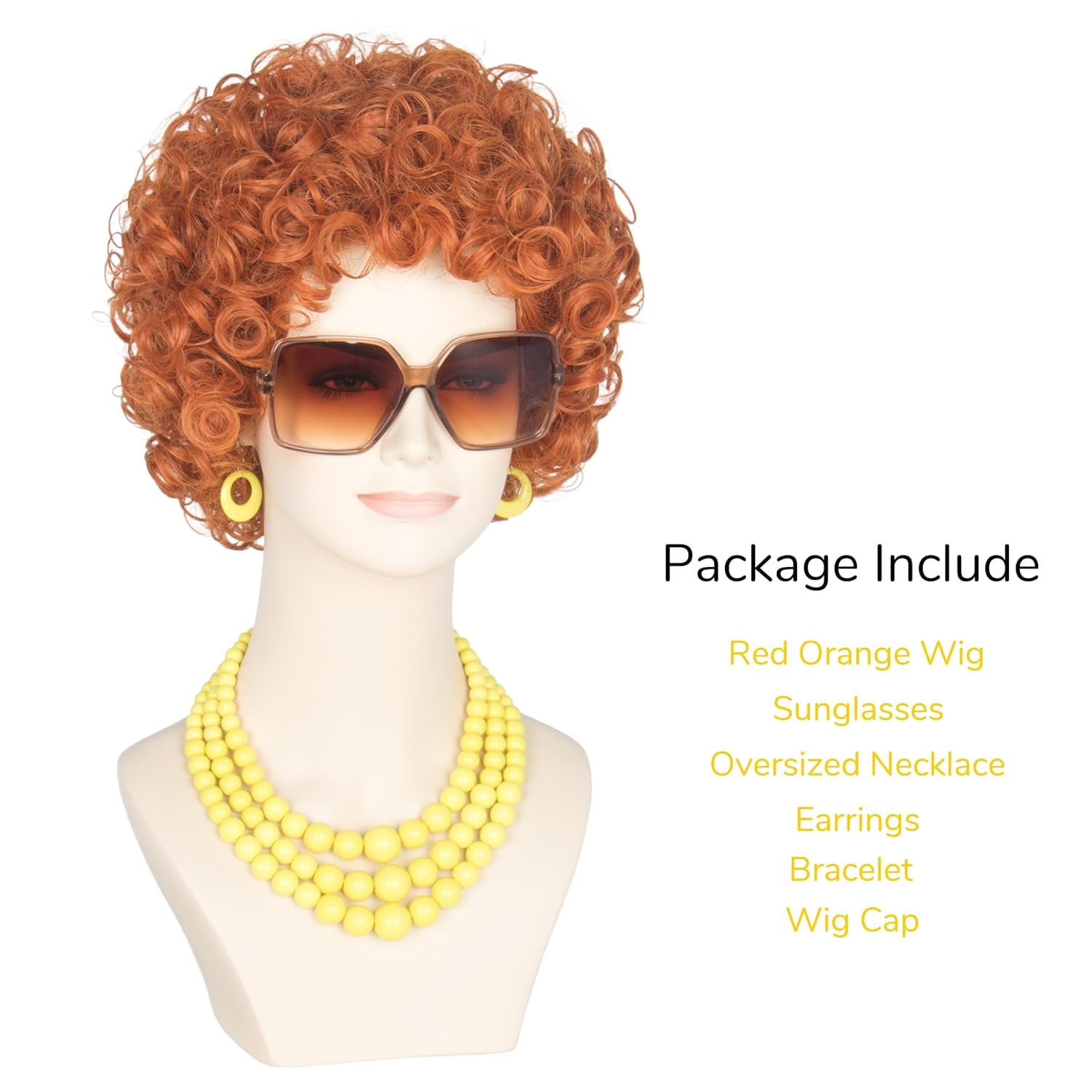 Women Short Curly Red Brown Wig and Glasses Yellow Oversized Jewelry Set Party Cosplay Wig