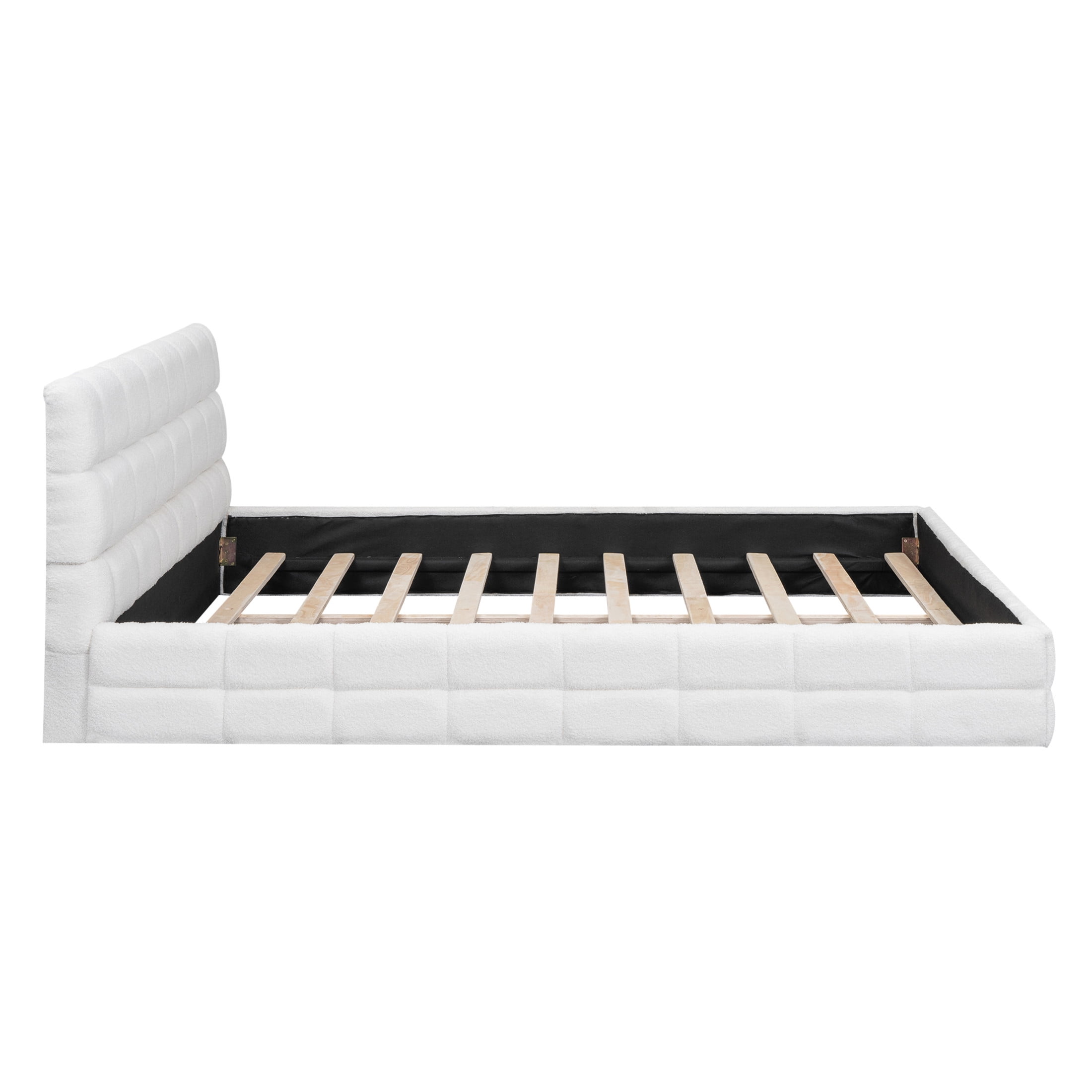 Noble House Queen Upholstered Platform Bed, Modern Velvet Headboard with Wood Slats Support, Bedroom Bed Frame, White
