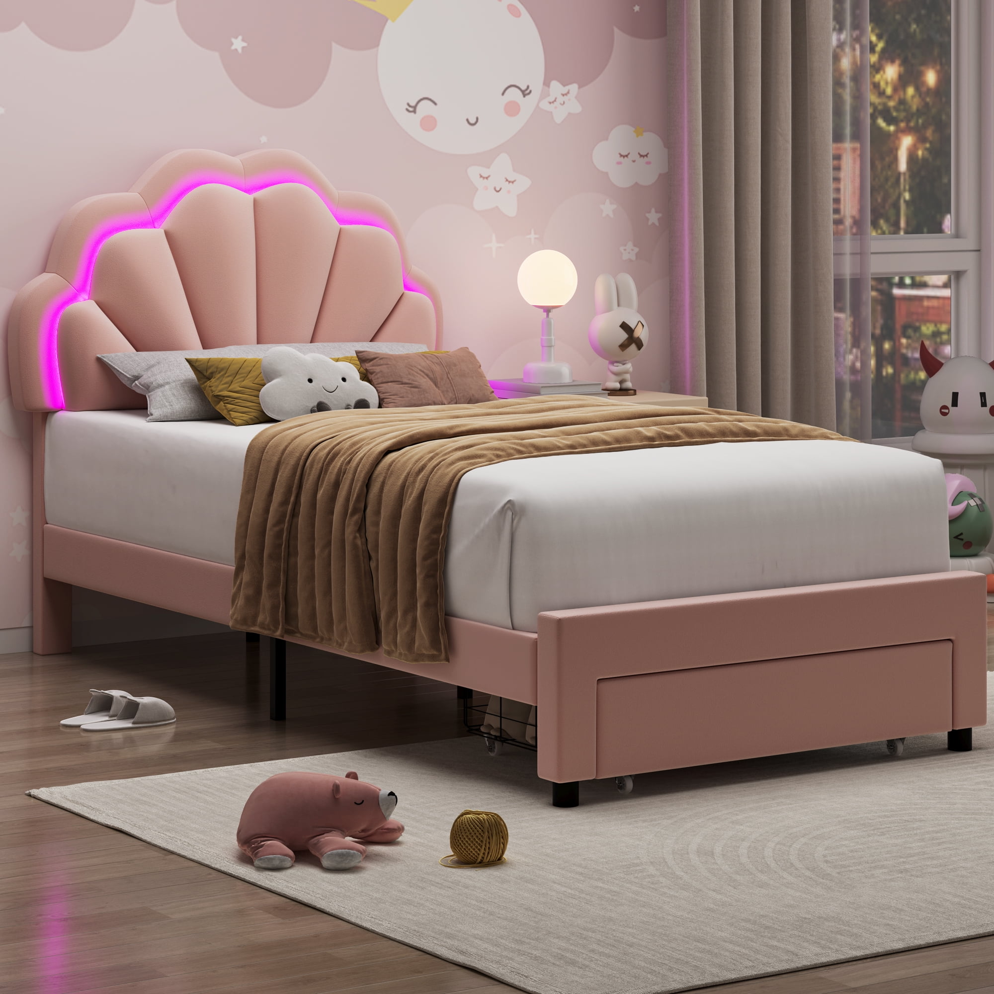 Homfa Twin Size LED Bed Frame with Drawer, Velvet Upholstered Platform Bed with Adjustable Petal Headboard for Kid, Pink