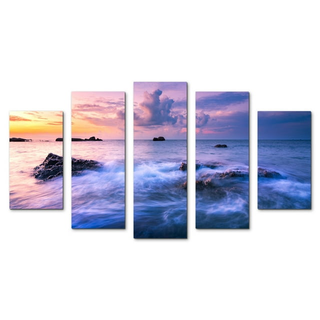 Juego de Cuadros Decorativos, Playa Costa Violeta y Estilo Onírico, 5 Piezas, Ideal para Recámara y Sala, 150x80cm