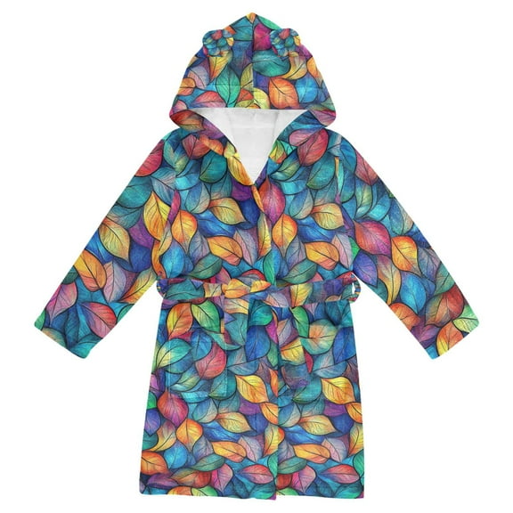 FORMRS Kids Bathrobe Unisex Hooded Robe Toddler Pajamas Sleepwear, Size 2-3T, Vibrant Art Leaves Pattern