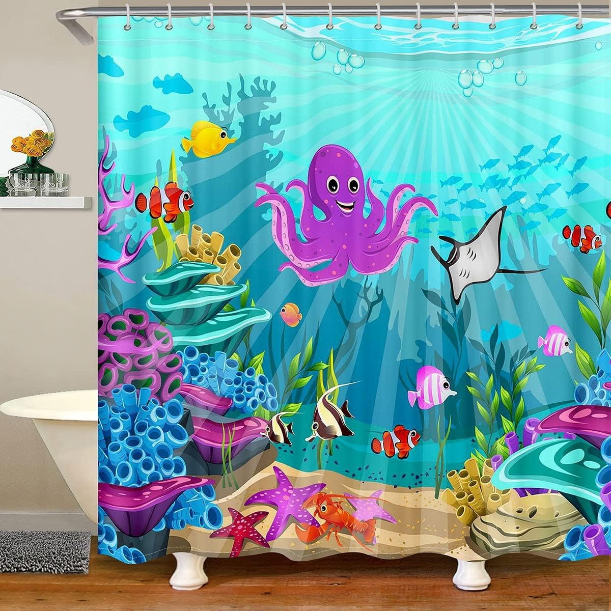 JOOCAR Kids Underwater World Bath Curtain 72" Wx72 L Octopus Bathroom