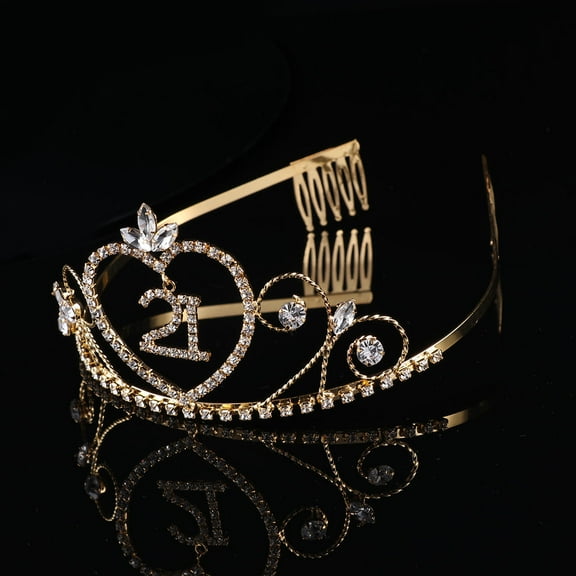 MLINS 1pc 21 Years Old Birthday Crown Alloy and Rhinestone Number Comb Crown Elegant Headwear (Golden)