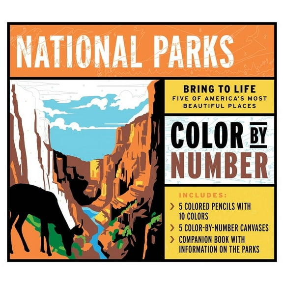 National Parks Color by Number Kit : Bring to Life Five of America's Most Beautiful Places – Includes: 5 Colored Pencils with 10 Colors, 5 Color-by-Number Canvases, Companion Book with Information on the Parks (Kit)