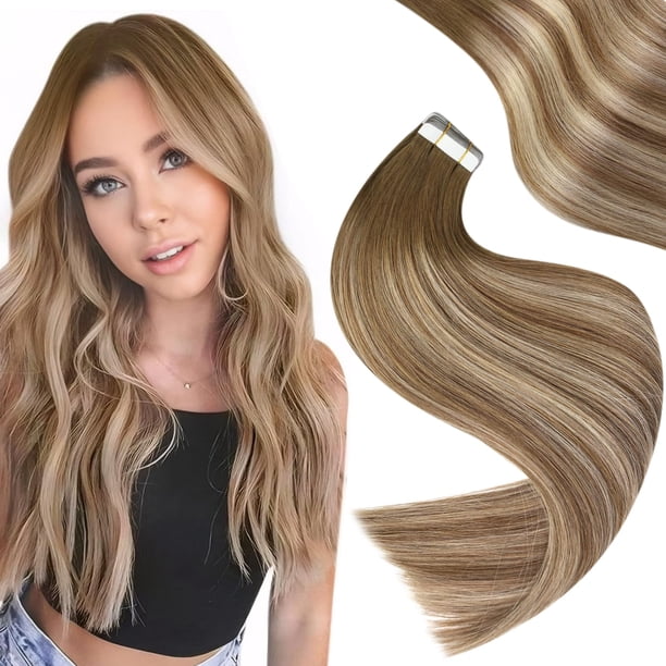 Extensiones de cabello rubio degradado con cinta de cabello humano Balayage de color marrón oscuro que se desvanece a marrón claro Extensiones de cabello rubio medio mezclado con cinta en extensiones