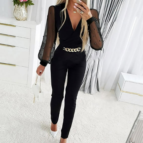Women Shiny Mesh Stitching Black V Neck Jumpsuit Long Sleeve Mesh Body Slim Jumpsuit Dinner Suit Women Overalls Women Party Outfits for Women Women Pants Suit Womens Stretch Jumpsuit Laced up Jumpsuit