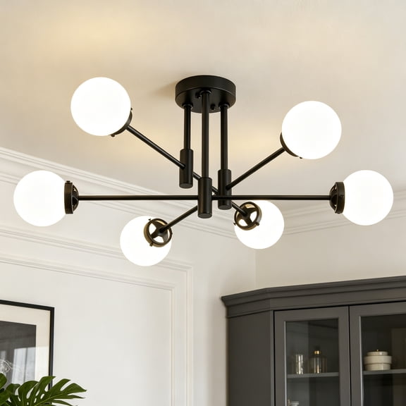 Deyidn Modern 6-Light Sputnik Chandelier with Milky White Glass Shades, 31 Inch Black Pendant Lighting for Dining Room
