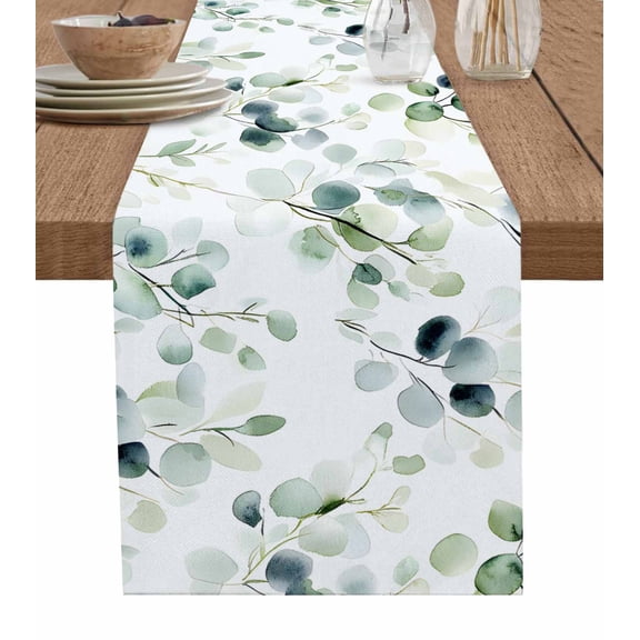 Table Runner Dresser Scarf 18 x 72 Inch Spring Watercolor Sage Green Eucalyptus Leaf Table Runners Non-Slip Heat Kitchen Dining Table Decor for Indoor Outdoor Home Party Decoration