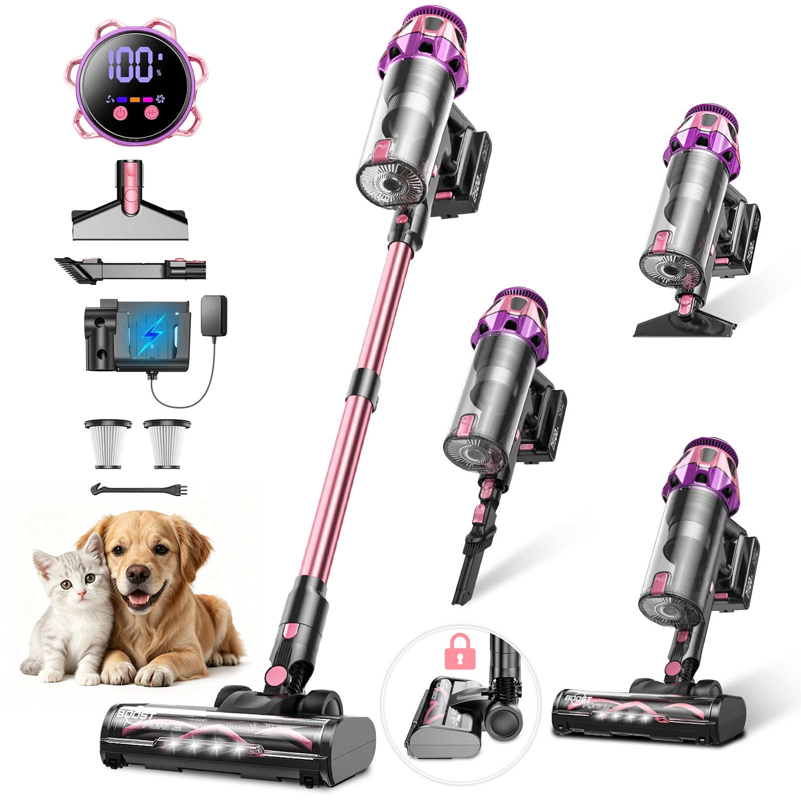 Cordless Vacuum Cleaner, 600W/55KPA Vacuum Cleaners for Home, 55Mins Stick Vacuum, Anti-Tangle & 1.8L Large Dust Cup, Lightweight Vacuum for Hard Floors Carpet Pet Hair, Purple Pink