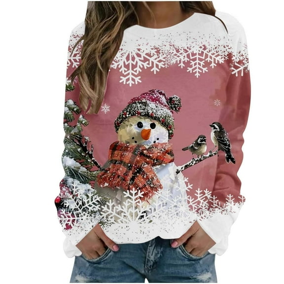 KHONTS Christmas Sweatshirt for Women Funny Long Sleeve Shirts Xmas Tree Snowman Reindeer Pullover Lightweight Tops Hot Pink XL