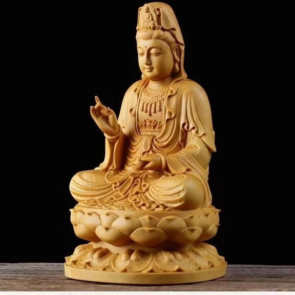 Cliff Cypress Wood Carved Guanyin Statue Household Offering Ornament Chinese Buddhist Decorative Figurine Spiritual Display