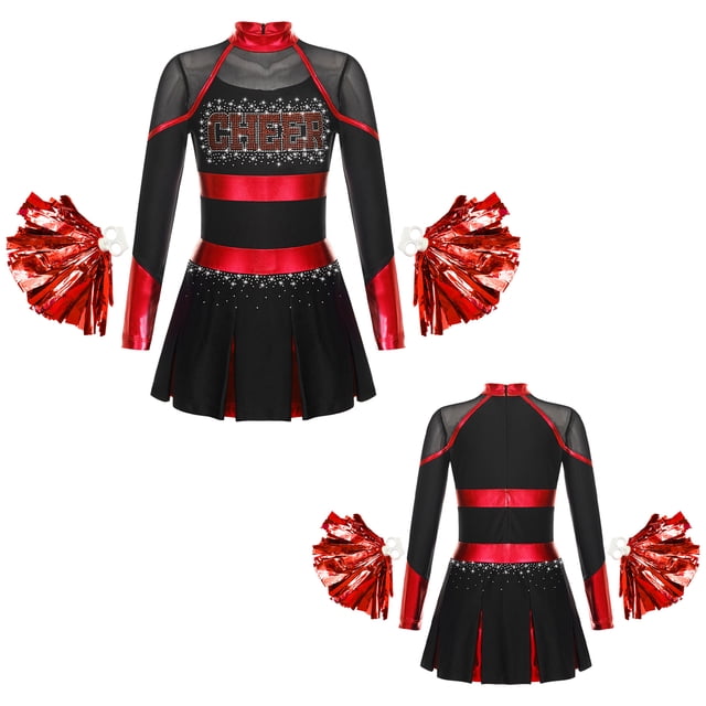 Sxiwei Tenue de Cheerleading pour Filles, Costume de Cheerleader avec Accessoires, Ensemble Jupe Plissée, Robe Fantaisie d'École pour Fête, Costume de Danse Noir&Rouge 10