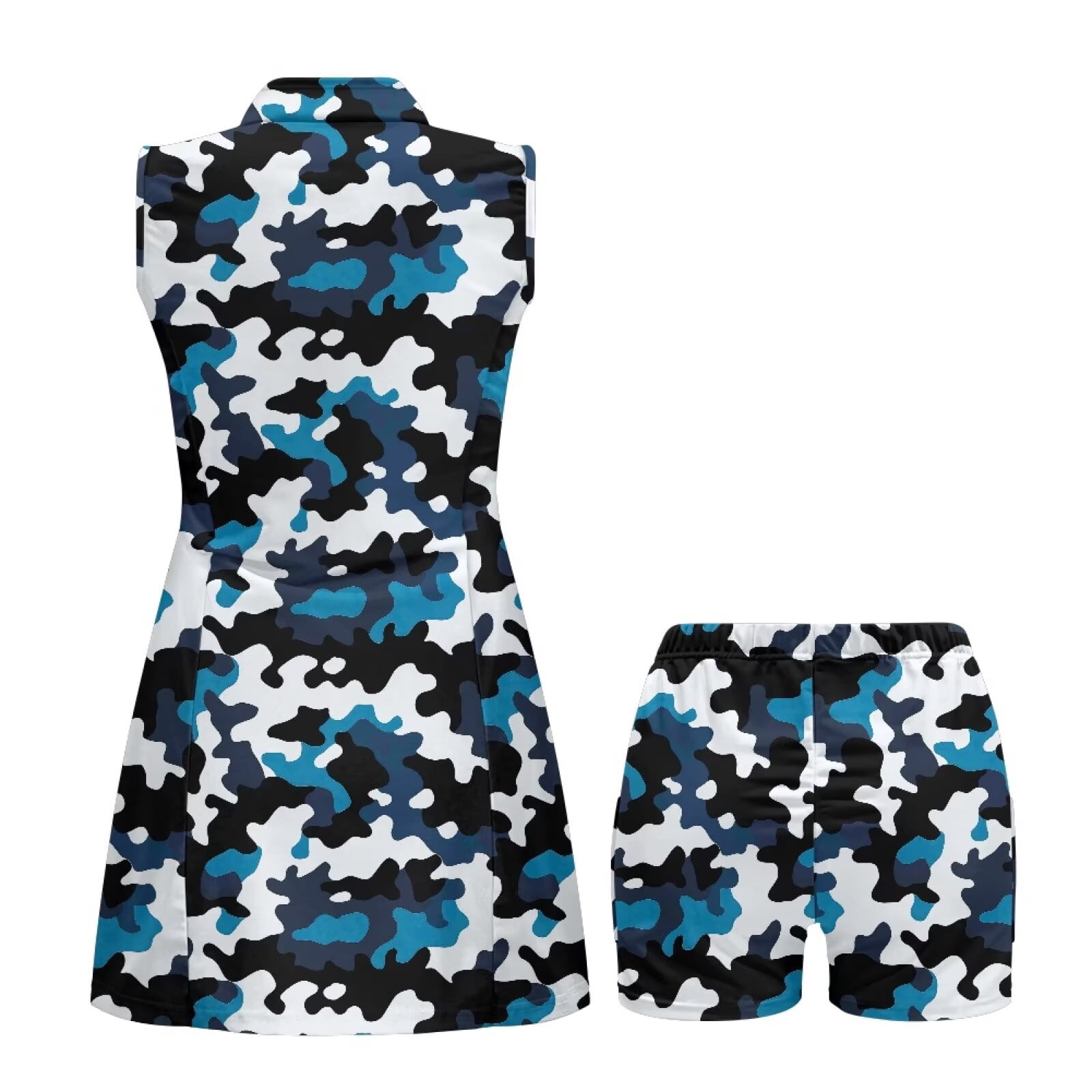 Yuyamidu Blue Camouflage Womens Workout Golf Dress with Shorts Pockets Golf Outfit Trendy Tennis Dress Sleeveless Womens Athletic Clothing Sets Size 2XL