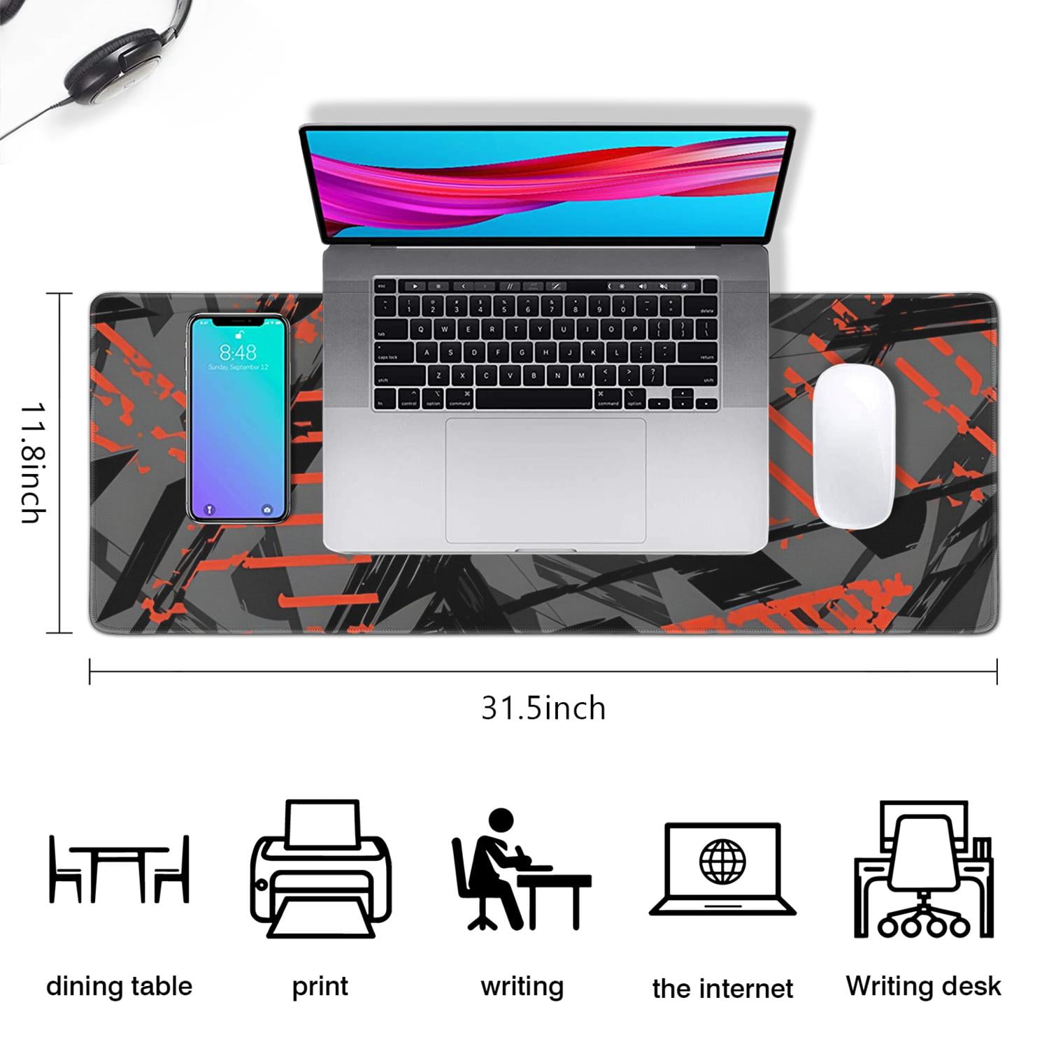 Power up Your Game with Large Black Red Gaming Mouse Pad (31.5x11.8 inch) - Non-Slip Base, Stitched Edge for High-Precision Gameplay