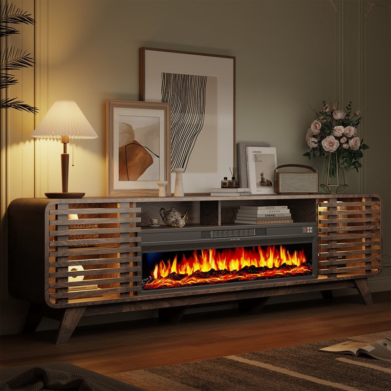 BaPiPro Mid‑Century Modern Fireplace TV Stand with 40 Inch Electric Fireplace 12‑Color RGB LED Lights Fits TVs up to 90 Inch Wood Media Console with Slatted Sliding Doors for Living Room Brown