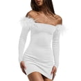 thumbnail image 1 of xiaxaixu Robe Moulante pour Femme, Robe à Manches Longues Épaules Dénudées, Mini-Robe Ajustée à Empiècements Duveteux, 1 of 6