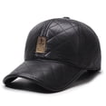 thumbnail image 2 of CIENVNSTG Mens Womens Curved Brim Quilted Faux Leather Ear Flap Baseball Cap Warm Winter Sport Patch Hat Black, 2 of 4