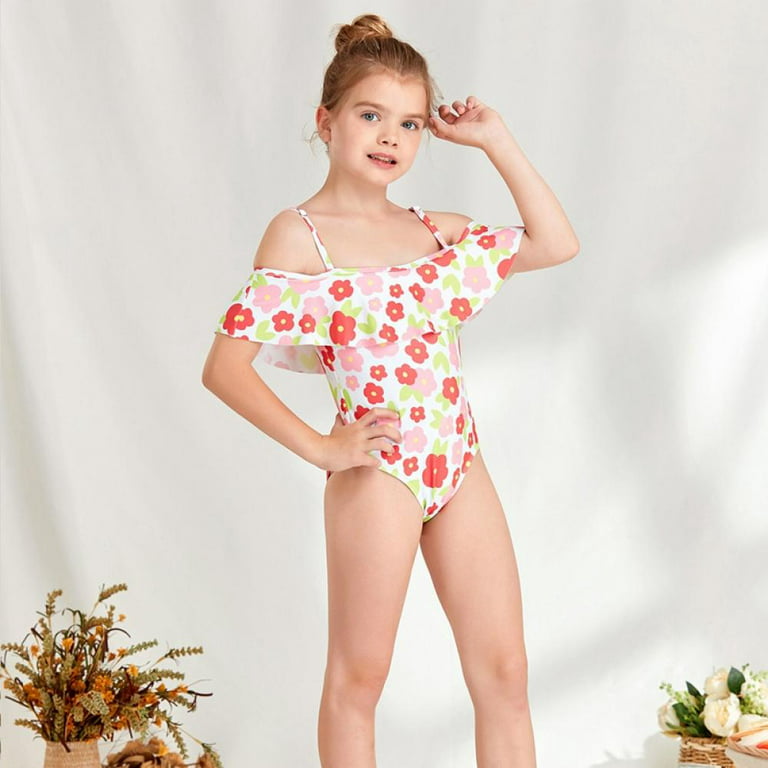 BULLPIANO Girls One Piece Bikini Swimwear-Swimsuits Strap Ruffle Floral Bathing  Suit Kids Hawaiian Swimwear(11-12Years) 