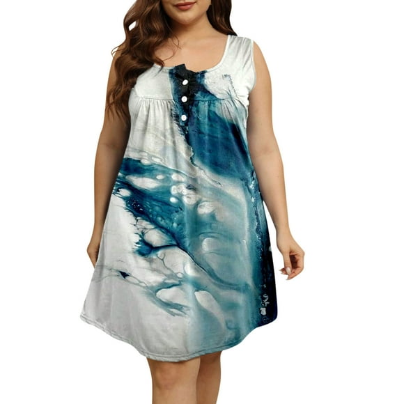 TSADFHJI Maxi Skirt with Pockets Women Summer Casual V Neck Button Decoration Plus Size Dress Retro Colorful Flower Print Casual Dress Xl Blue