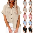 thumbnail image 2 of fheaev Chemises Boutonnées pour Femmes Manches Courtes Retroussées T-Shirts en Coton et Lin à Boutons avec Poche Tuniques de Travail à Col en V Blouse Hauts à Col, 2 of 9