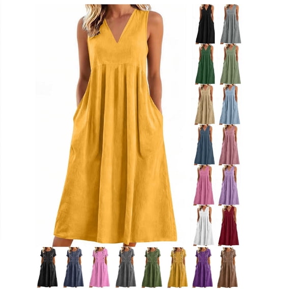 GUACER Midi Dress for Women Trendy Sleeveless V Neck with Pockets Summer Casual Loose Sundresses