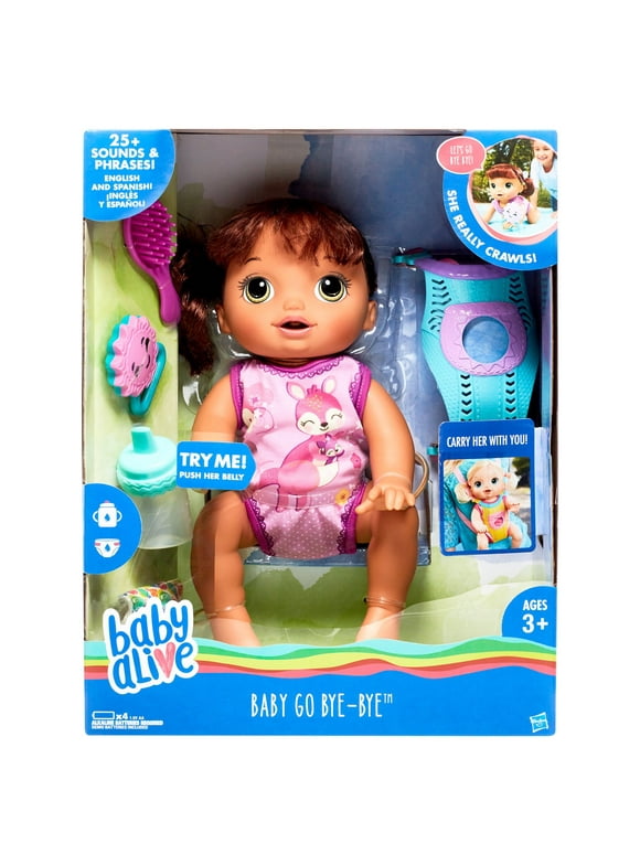 Baby Alive Baby Go Bye Bye Brown Hair Talking Baby Doll, 6 Doll Accessories, Ages 3+
