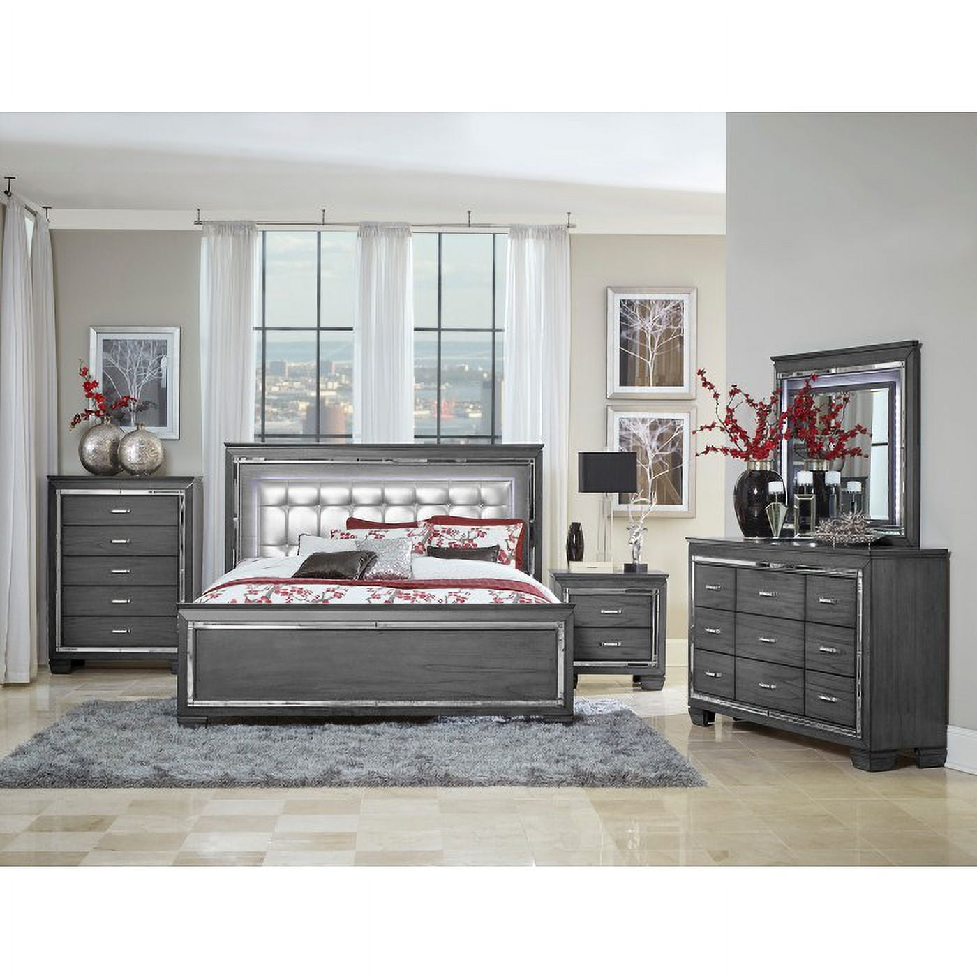 Allura Collection Glamorous Gray Nightstand with Beveled Mirror Accent and Crystal-Enhanced Hardware