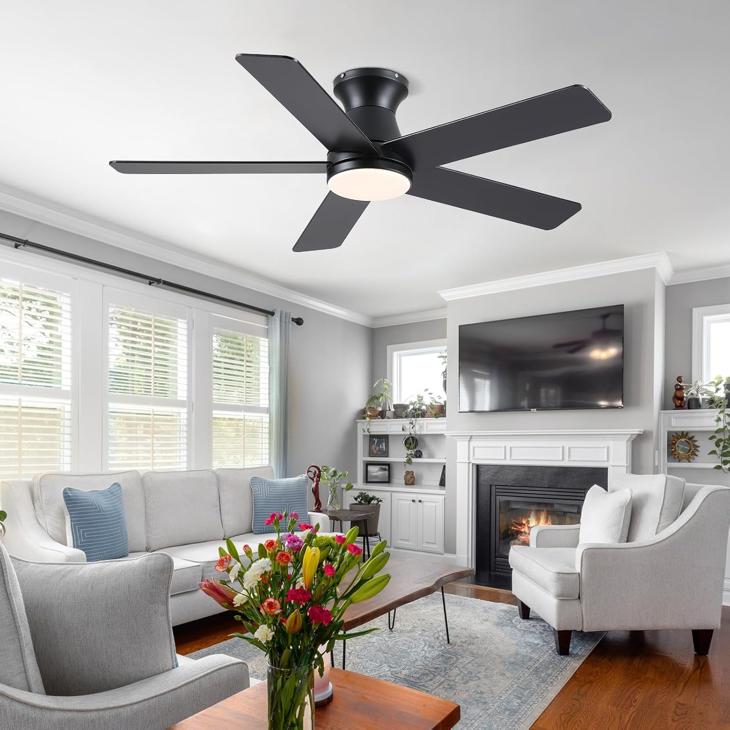 YIOSI 46" Black Low Profile Ceiling Fan with LED Lights, Quiet DC Motor, Remote Control, Reversible Modern Flush Mount Fan for Living Room, Kitchen, Bedroom, Patio - Indoor/Outdoor