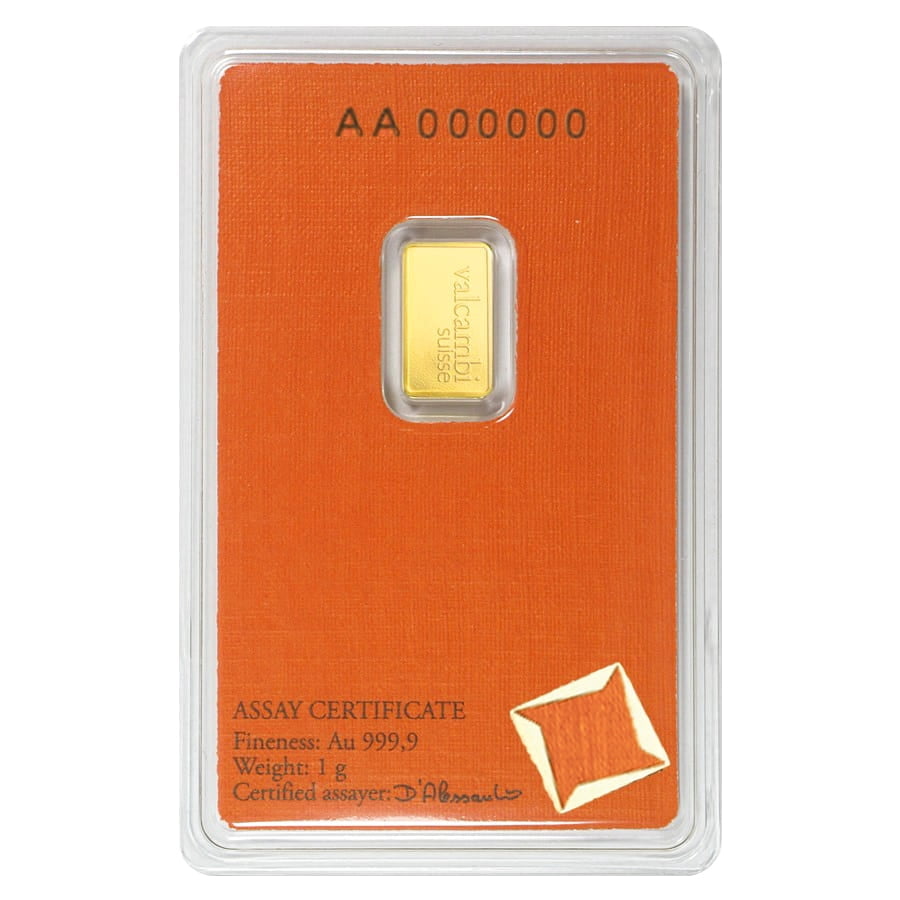1 Gram Gold Bar Valcambi Suisse .9999 Fine (in Assay)