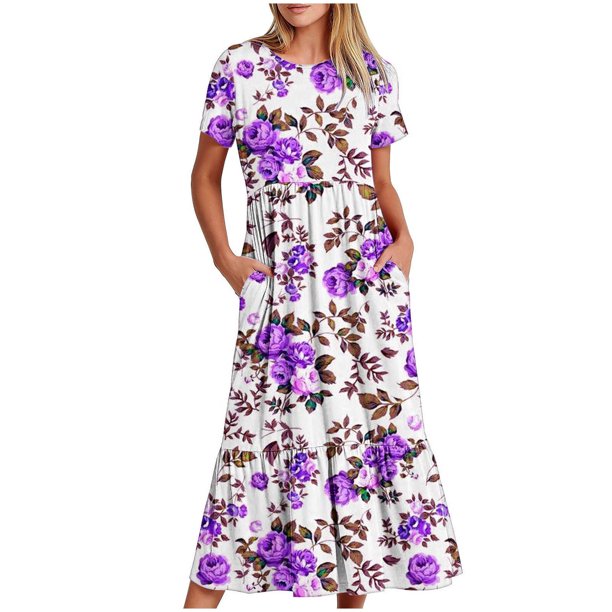 Puntoco Vestido Midi De Moda Para Mujer, Vestido Retro Con Estampado Floral En Capas, Doble Bolsillo, Manga Corta, Cuello Redondo, Morado Xxl,Regalos Para Mujer Joven