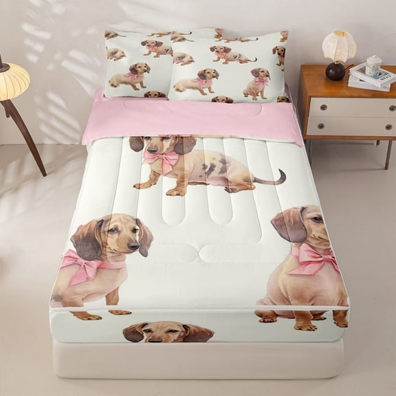 Homewish Cute Pink Bow Dachshund Zipper Twin Comforter Sets with Fitted Sheet and 2 Pillowcases,Cartoon Animals Zipper Bedding Set,Cream,Pink Reversible,4pcs