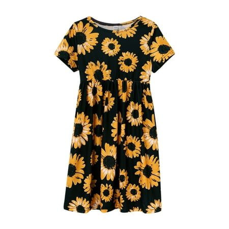 

Little Girl Dress Toddler Short Sleeve Summer Girls With Floral Print Short Sleeve Princess With Two Pocket
