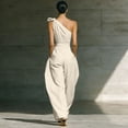 thumbnail image 4 of JULMCOMO Jumpsuits for Women One Shoulder Bow Tie Waist Vacation Summer Rompers Wide Leg Baggy Dressy Jumpsuit with Pockets Beige 2XL, 4 of 7