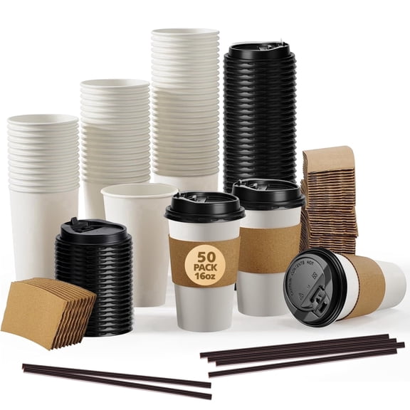 16 oz Disposable Paper Cups, 50 Pack Coffee Cups with Lids Sleeves and Stirring Sticks, Insulated Paper Cup for Hot Cold Drinks Leak Proof Microwave Safe