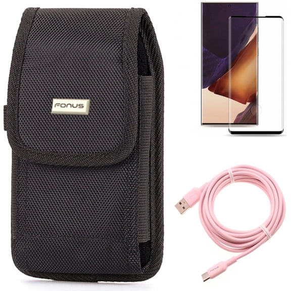 10ft Long USB-C Cable & Screen Protector & Case Belt Clip for Samsung Galaxy Note 20 Ultra (6.9") - Combo with Pink Charger Cord & Tempered Glass (Fingerprint Unlock) & Rugged Holster