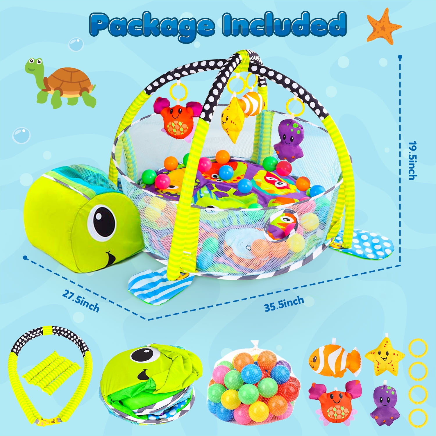 UQN Baby Play Gym, 3 in 1 Baby Play Gym Activity Mat, with Hanging Toys and Ocean Balls, Gifts for Newborn Baby 0 to 3 6 9 12 Months, Green Turtle