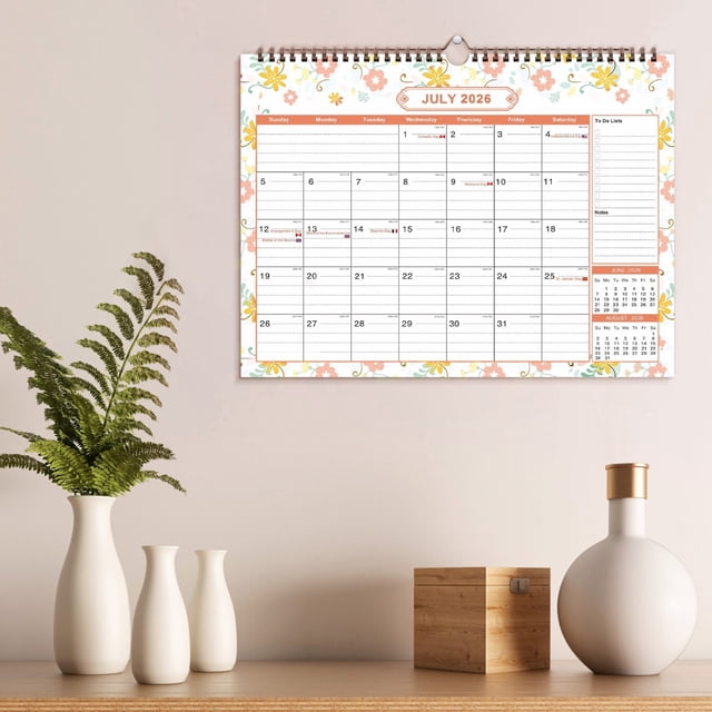 18-Month Wall Calendar July to December with Thick Bleed-Proof Paper, Large Daily Blocks, Notes & To-Do Sections, Hanging Loop, Floral Design